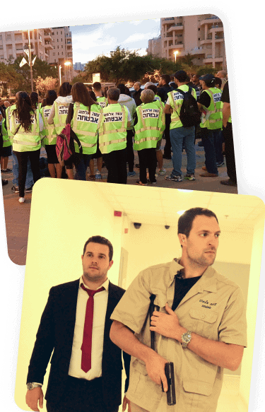 מאבטחי צוות אלמוג באפודים זוהרים מאבטחים אירוע קהילתי, ומאבטחים במסדרון בניין משרדים