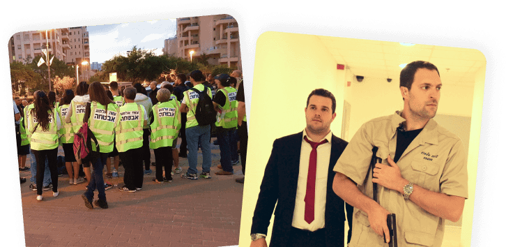 מאבטחי צוות אלמוג באפודים זוהרים מאבטחים אירוע קהילתי, ומאבטחים במסדרון בניין משרדים